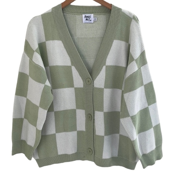 Princess Polly Sweaters - Princess Polly Lauren Knit Cardigan Sweater Green And White Checkered Size S/M